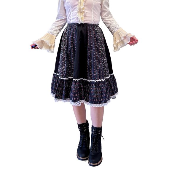 Vintage 70s Floral Black Prairie Patchwork Tiered Midi Skirt - Carefree Fashions - Picture 1 of 8